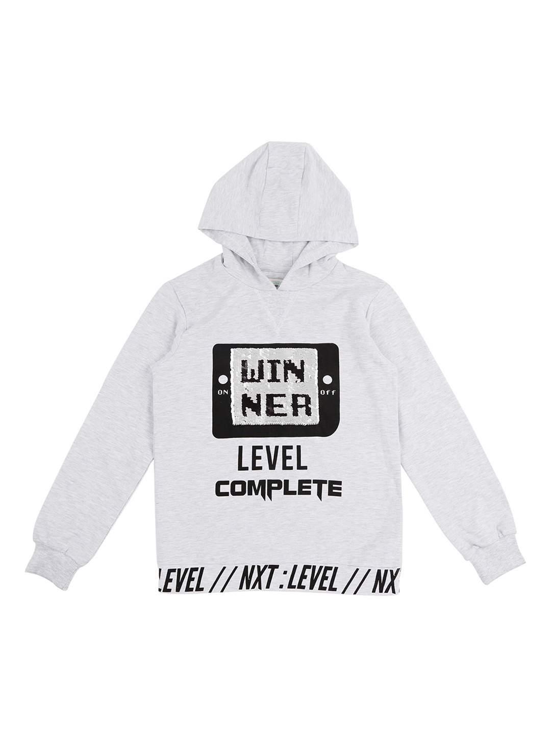 

Pantaloons Junior Boys Grey Melange & Black Printed Hooded Sweatshirt