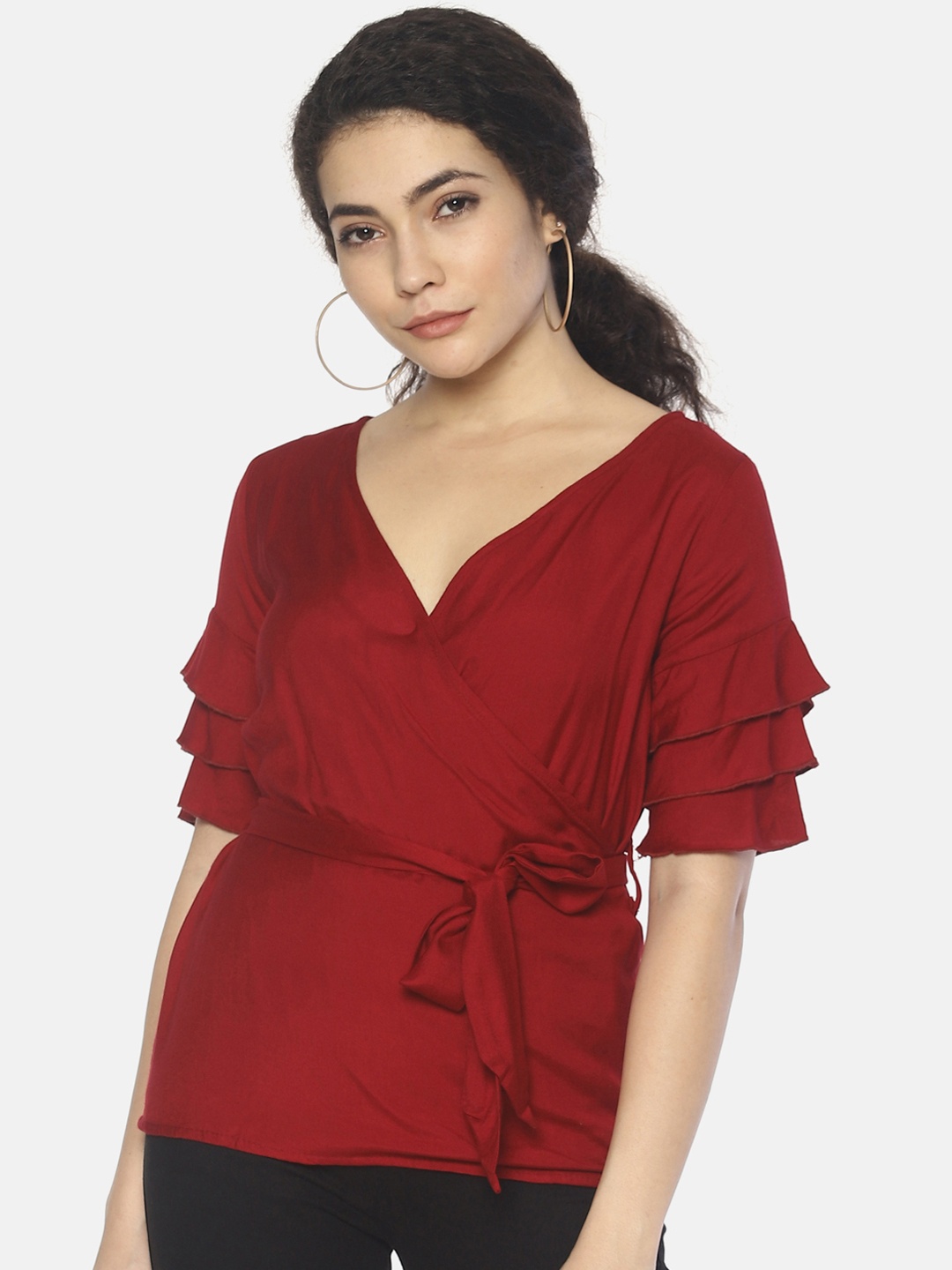 

AARA Women Maroon Solid Wrap Top