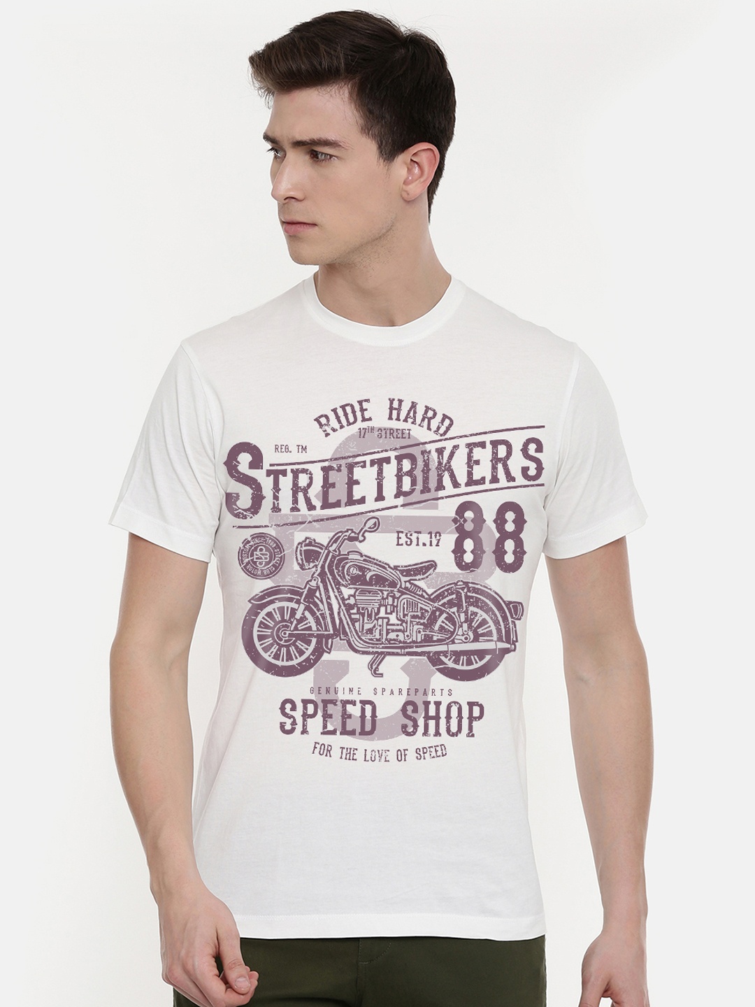 

THREADCURRY Men White Printed Round Neck T-shirt