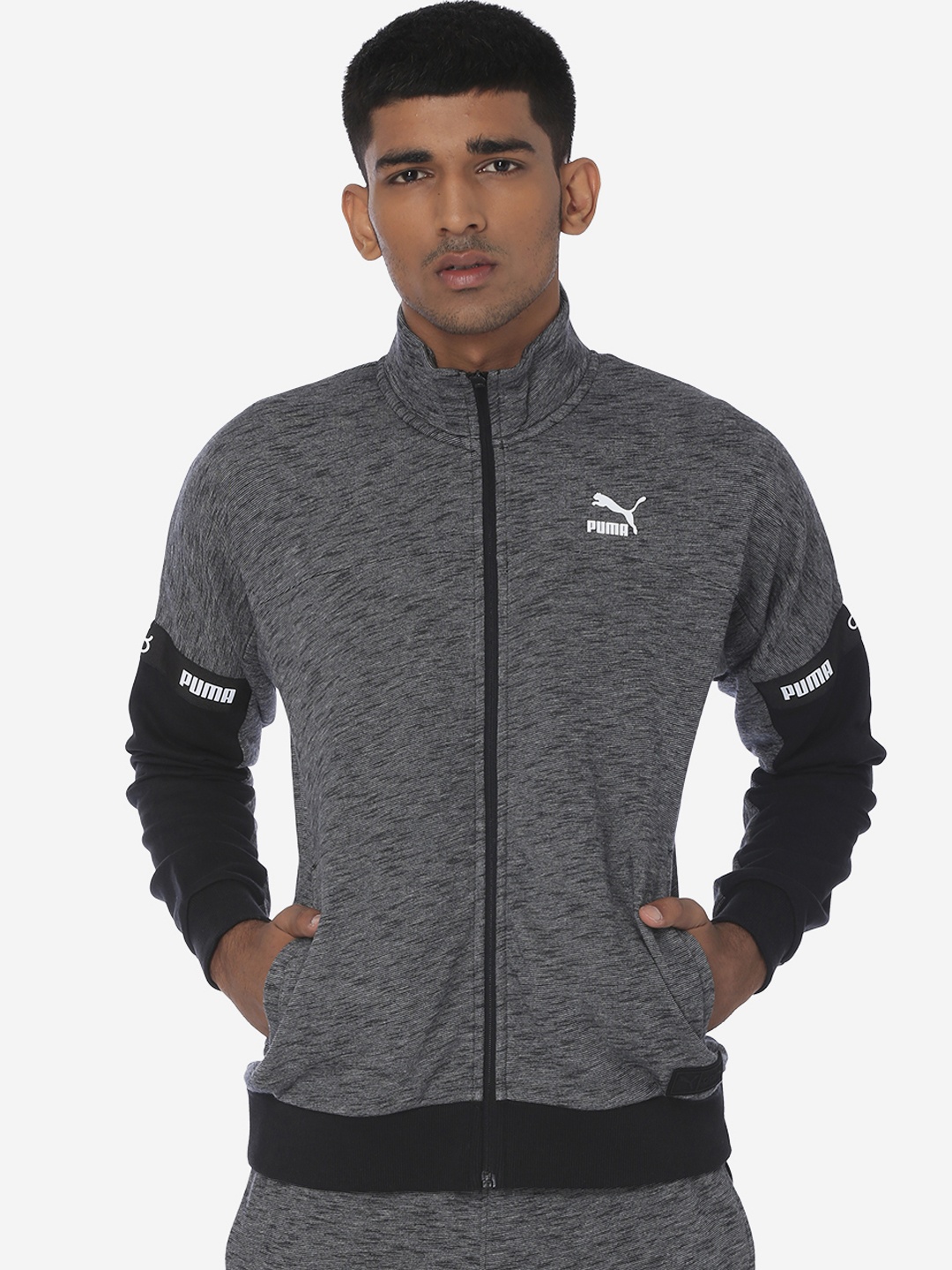 Puma Men Grey Melange Colourblocked JVK Track Sports Jacket