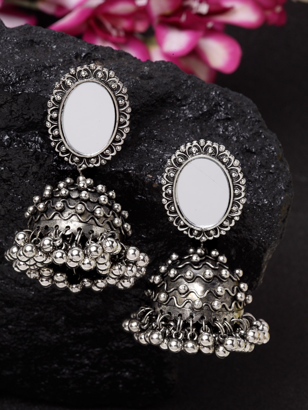 

Moedbuille Silver-Plated Handcrafted Mirror Dome Shaped Jhumkas