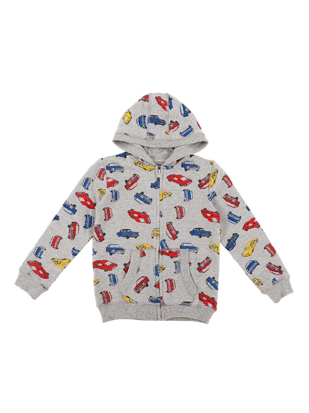

Pantaloons Junior Boys Grey Melange & Red Printed Hooded Sweatshirt