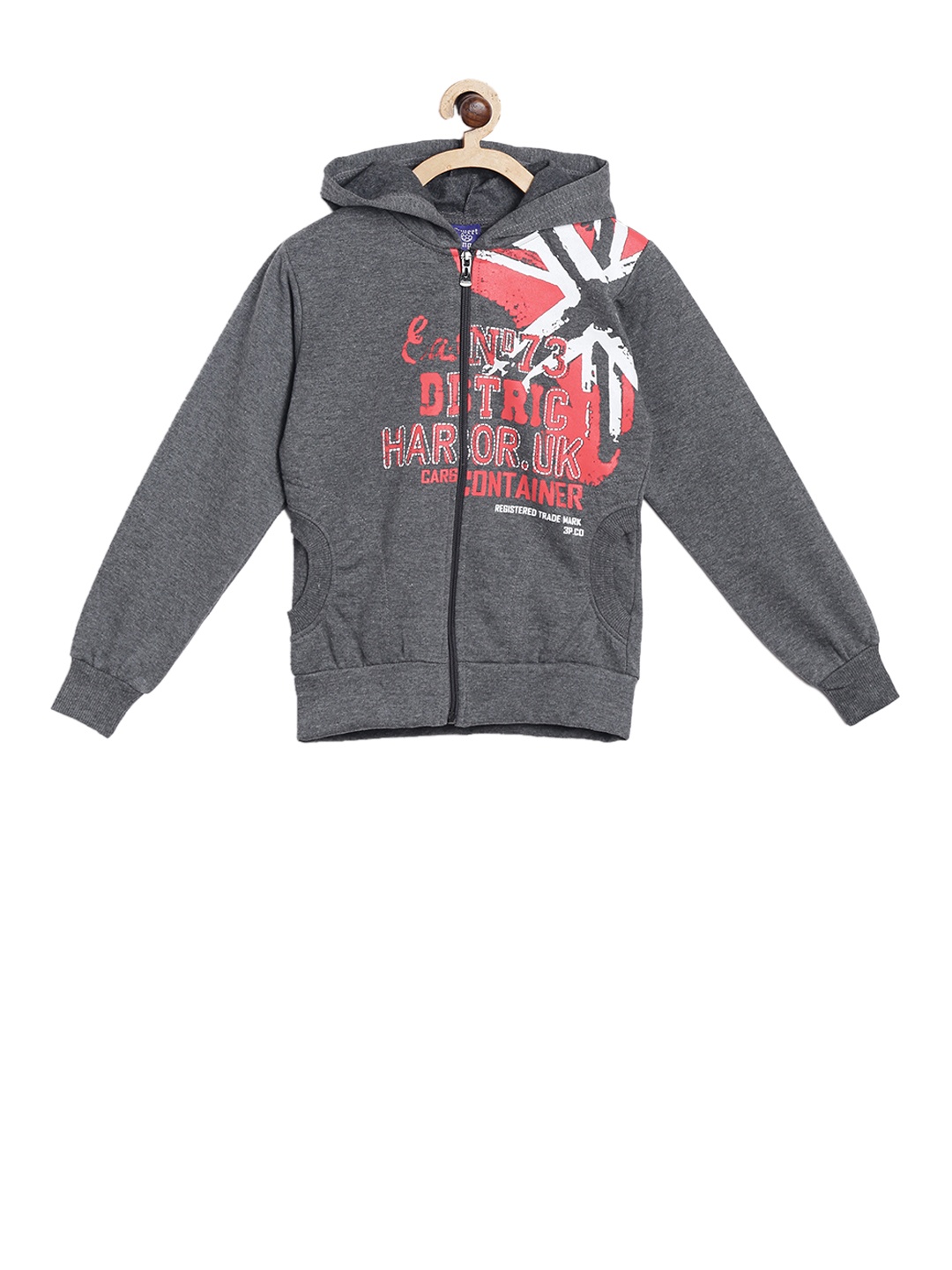 SWEET ANGEL Girls Grey Melange Printed Hooded Sweatshirt
