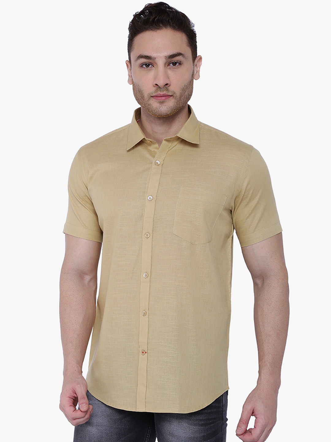 

Southbay Men Khaki Custom Tailored Fit Self Design Formal Shirt