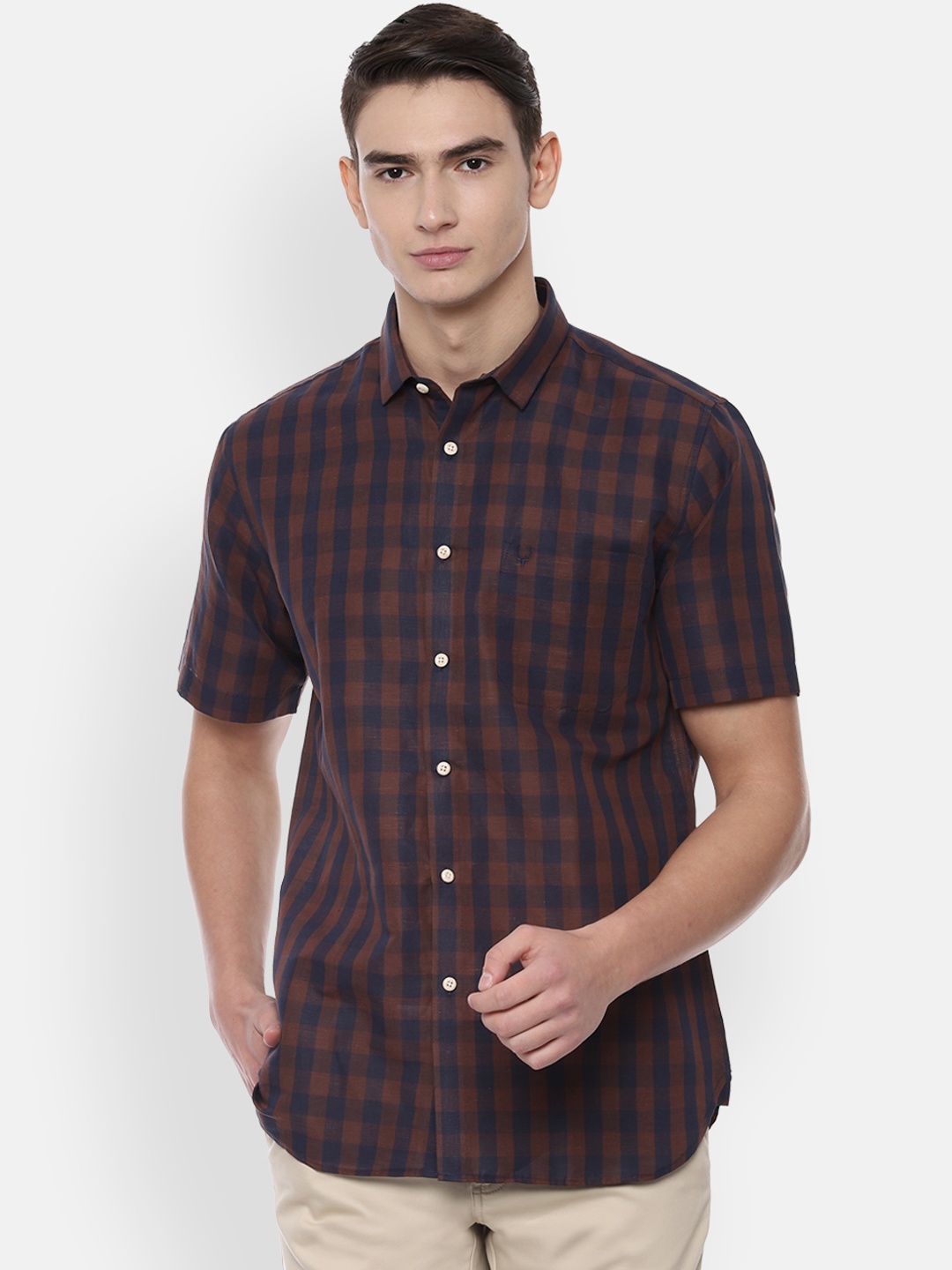 

Allen Solly Men Brown & Navy Blue Slim Fit Checked Casual Shirt