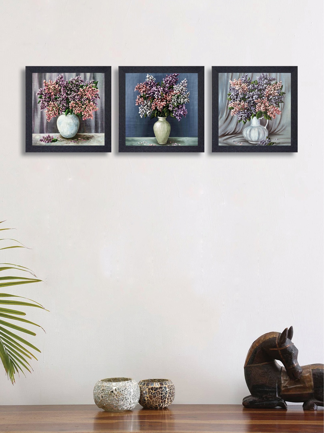 

nest ART Set of 3 Blue & Pink Synthetic Wood Floral Painting