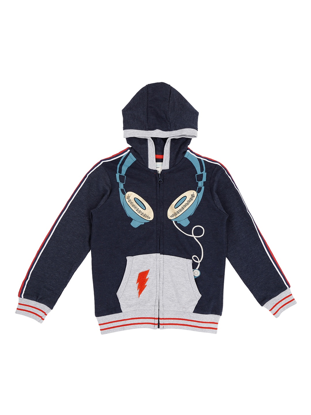 

Pantaloons Junior Boys Navy Blue & Grey Printed Hooded Sweatshirt