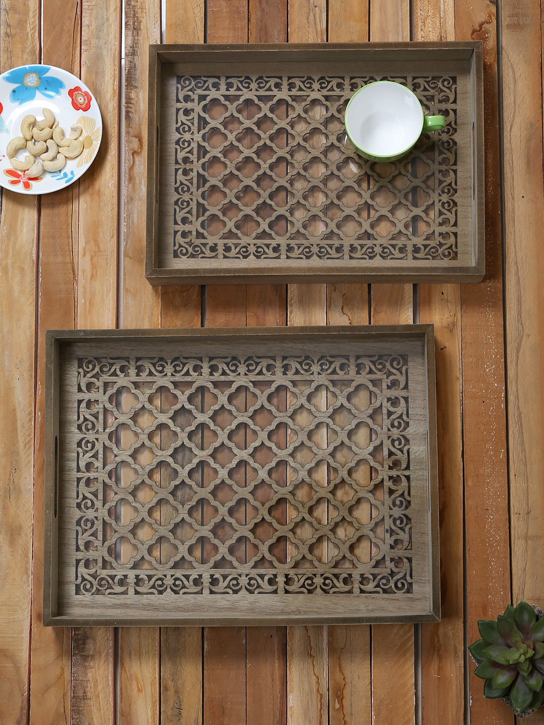 

Aapno Rajasthan Set of 2 Brown Printed Wooden Trays