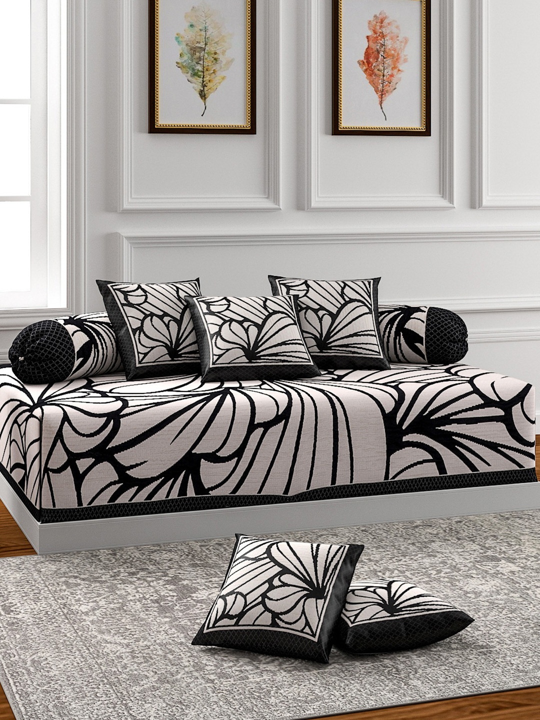 

ROMEE 8-Pcs White & Black Printed Diwan Set