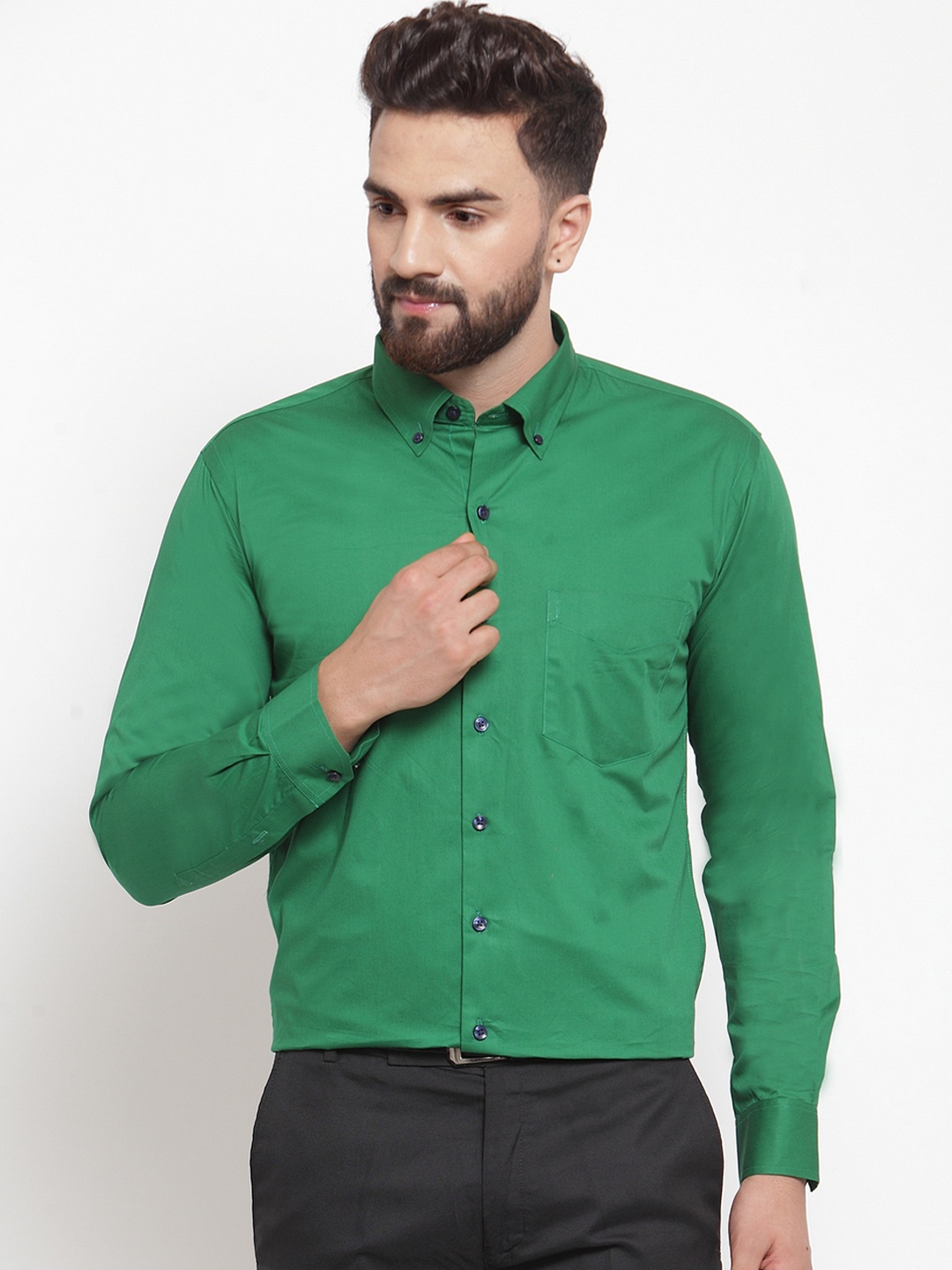 

Hancock Men Green Slim Fit Solid Formal Shirt