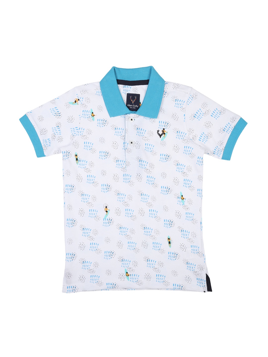 

Allen Solly Junior Boys White Printed Polo Collar Pure Cotton T-shirt