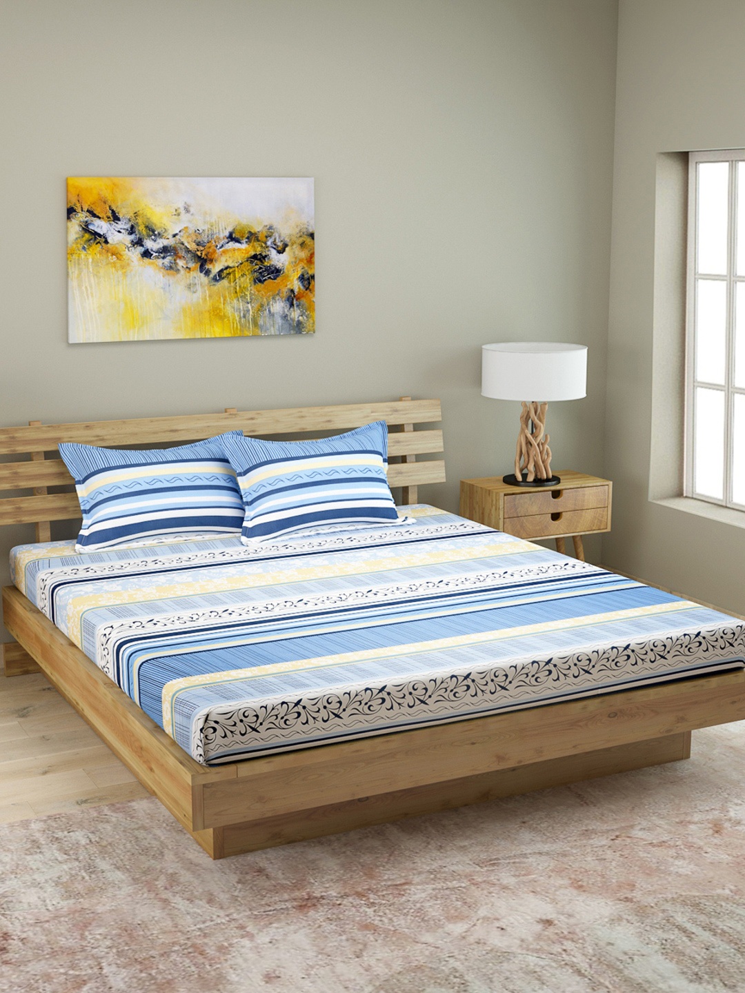 

ROMEE Blue & White Floral 210 TC Cotton 1 King Bedsheet with 2 Pillow Covers