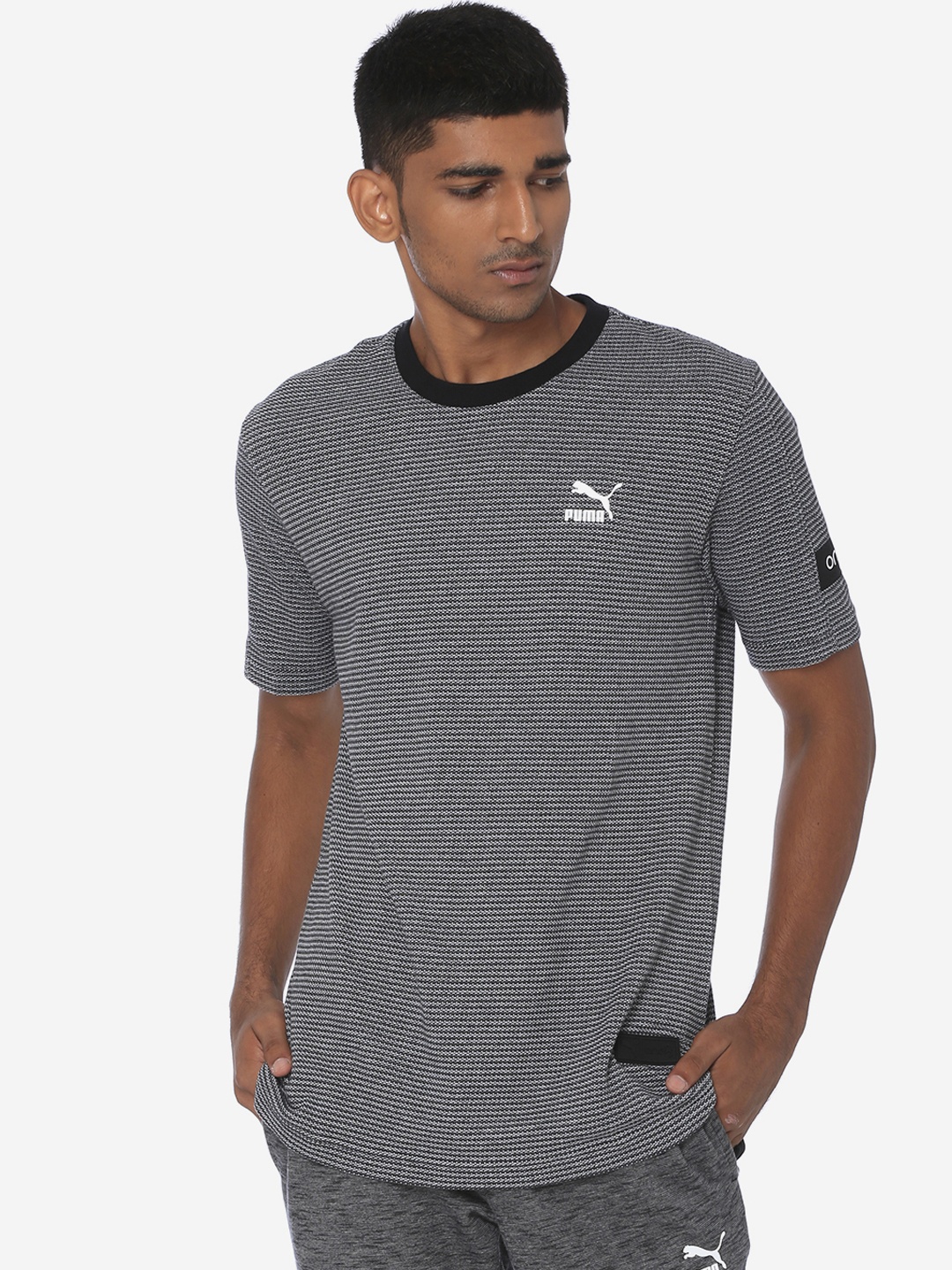 

Puma Men Grey Striped Round Neck VK Stylized Tee Sports T-shirt