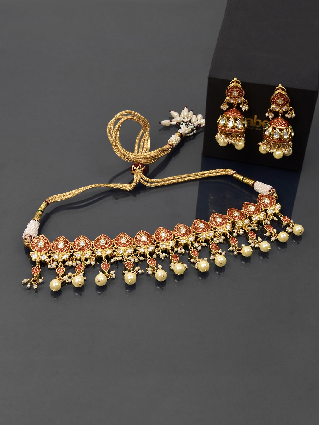 Tistabene Women Gold-Plated & Red Enamelled Stone-Studded Jewellery Set