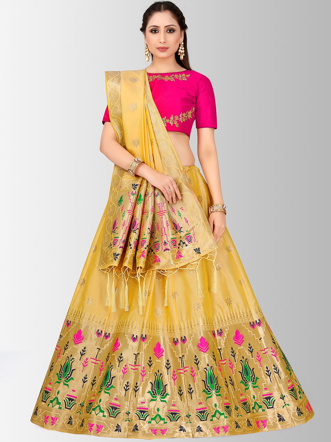 

MIMOSA Pink & Yellow Embroidered Semi-Stitched Lehenga & Blouse with Dupatta
