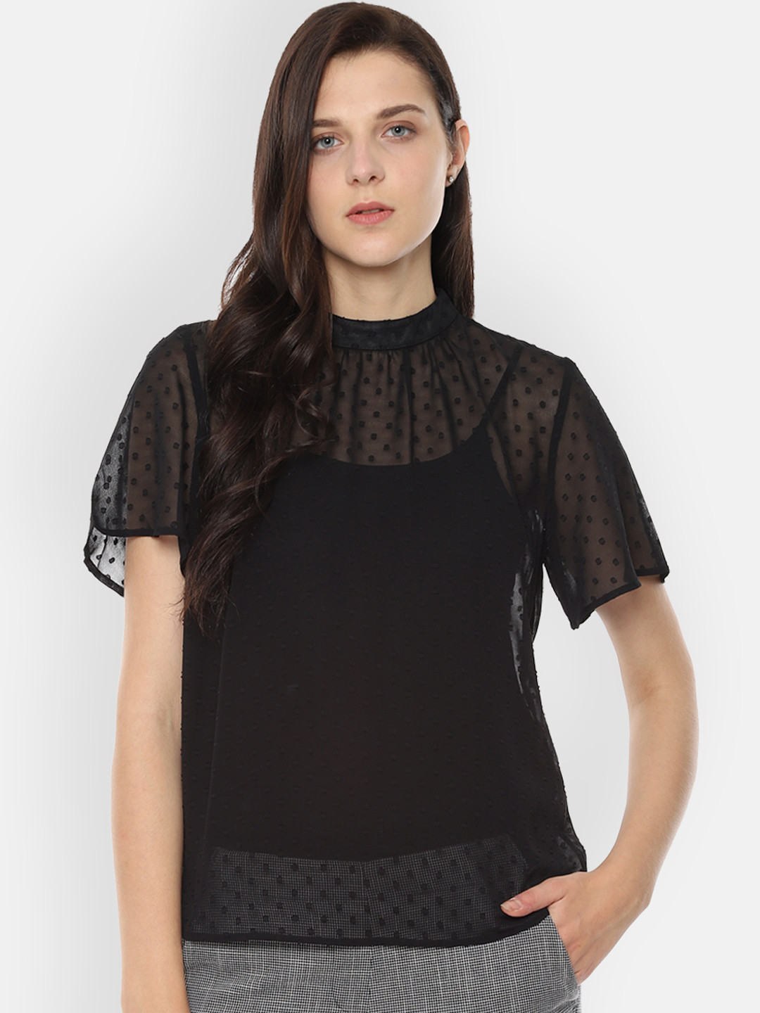 

Van Heusen Woman Women Black Self Design A-Line Top
