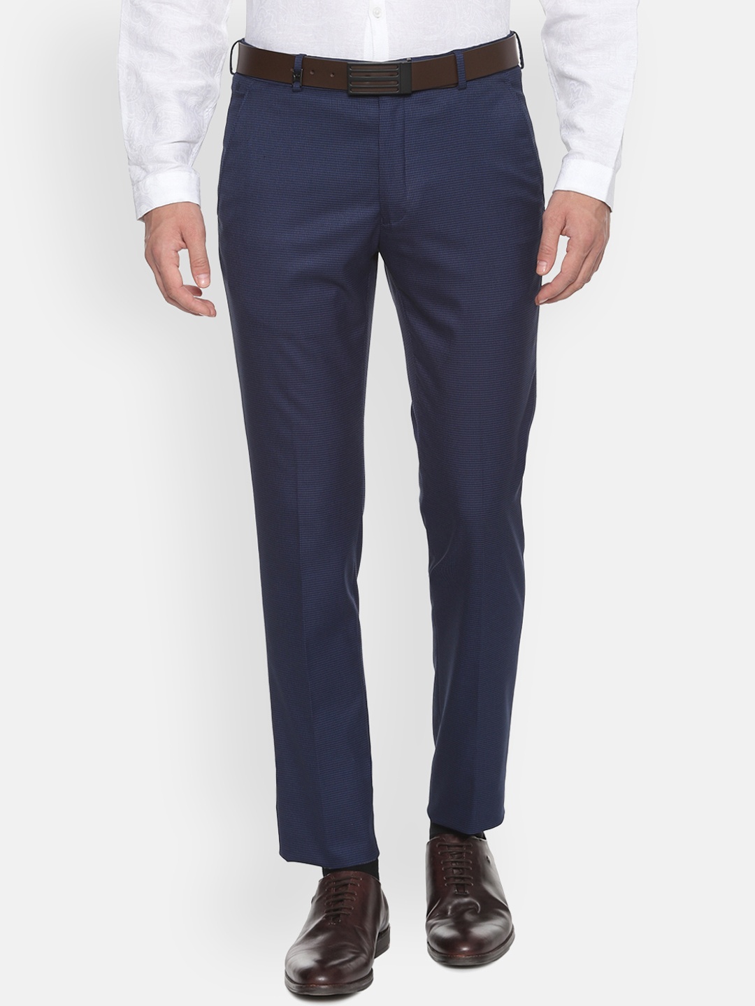 

Louis Philippe Men Navy Blue Slim Fit Self Design Formal Trousers