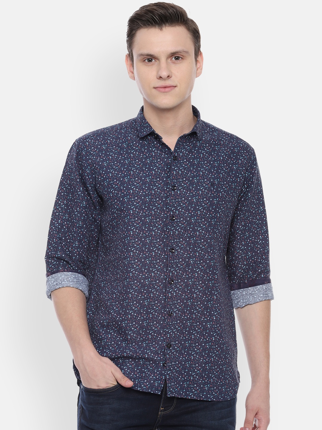 

V Dot Men Navy Blue Slim Fit Printed Casual Shirt