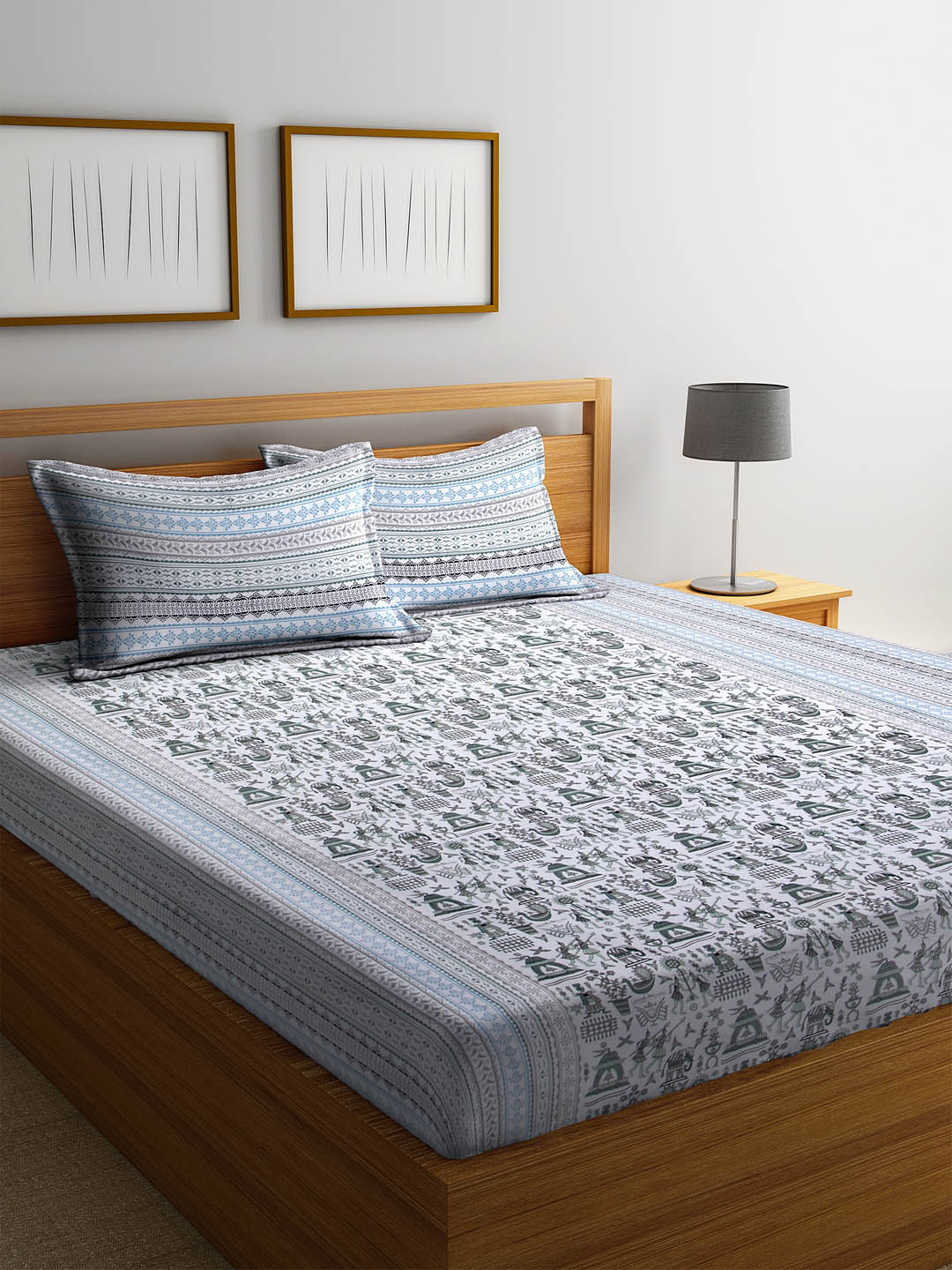 

Rajasthan Decor Blue & Grey Ethnic Motifs 144 TC Cotton 1 Queen Bedsheet with 2 Pillow Covers
