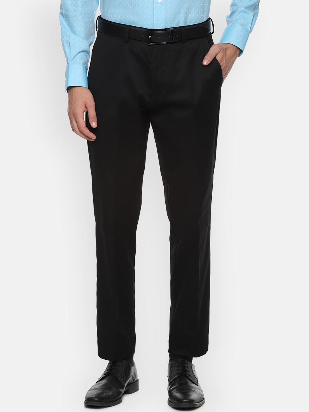 Louis Philippe Men Black Regular Fit Striped Formal Trousers