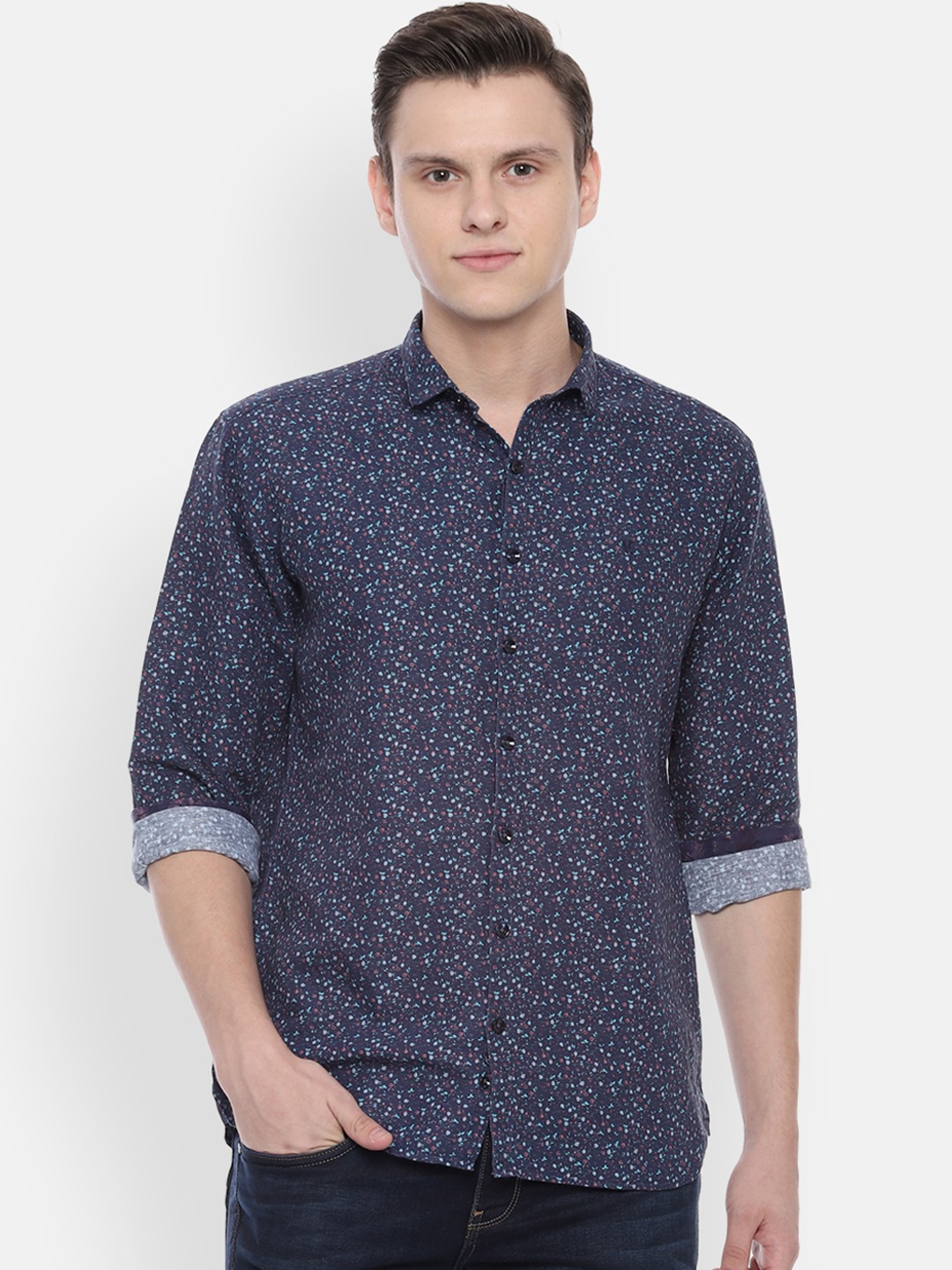 

V Dot Men Navy Blue Slim Fit Printed Casual Shirt