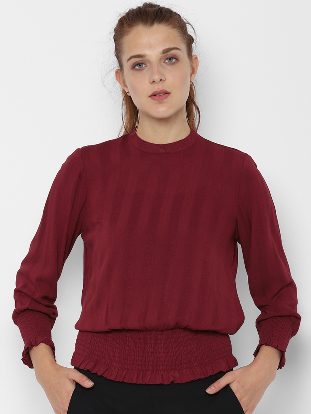 

People Women Maroon Striped Cinched Waist Top
