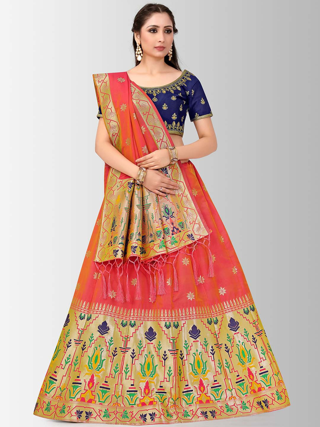 

MIMOSA Navy Blue & Coral Embroidered Semi-Stitched Lehenga & Blouse with Dupatta