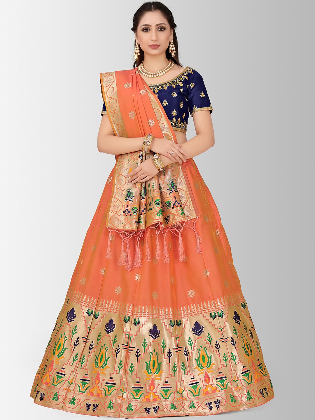 

MIMOSA Orange & Navy Blue Embroidered Semi-Stitched Lehenga & Blouse with Dupatta