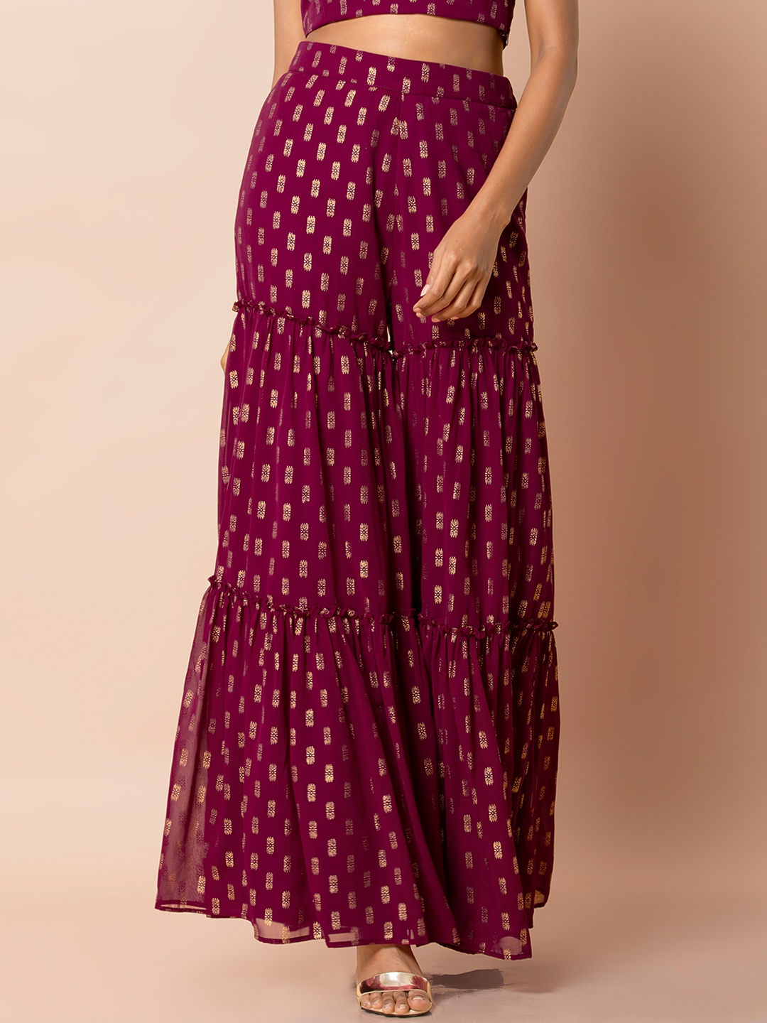 

INDYA Women Burgundy Printed Flared Sharara