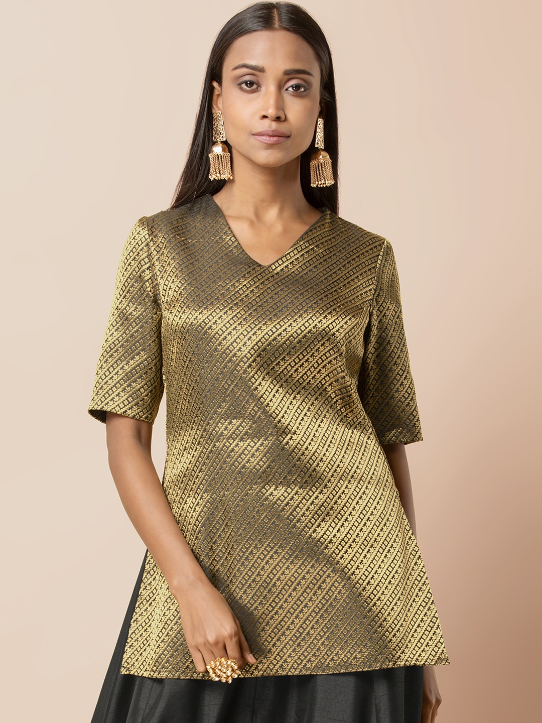 

INDYA Women Black & Gold-Toned Woven Design A-Line Kurti