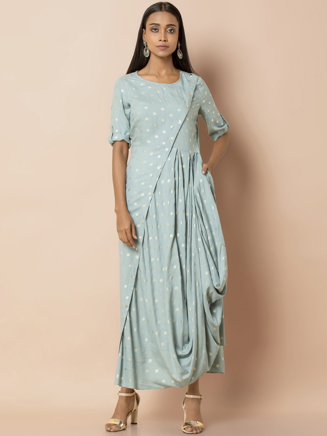 

INDYA Women Printed Blue Wrap Dress