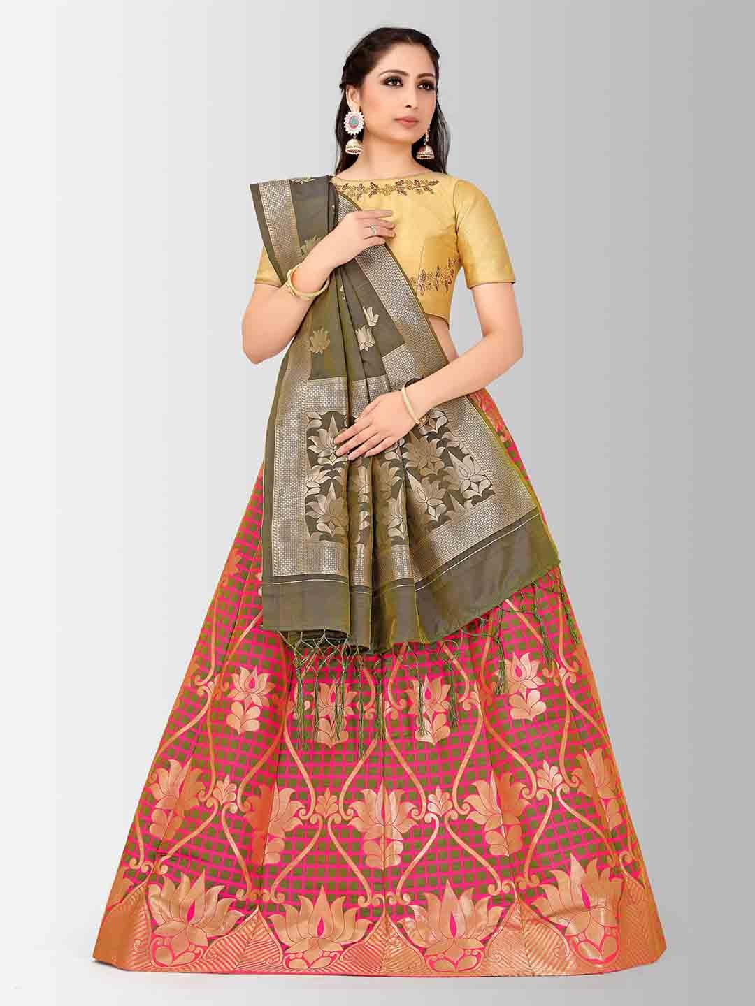 

MIMOSA Gold-Toned & Red Embroidered Semi-Stitched Lehenga & Blouse with Dupatta