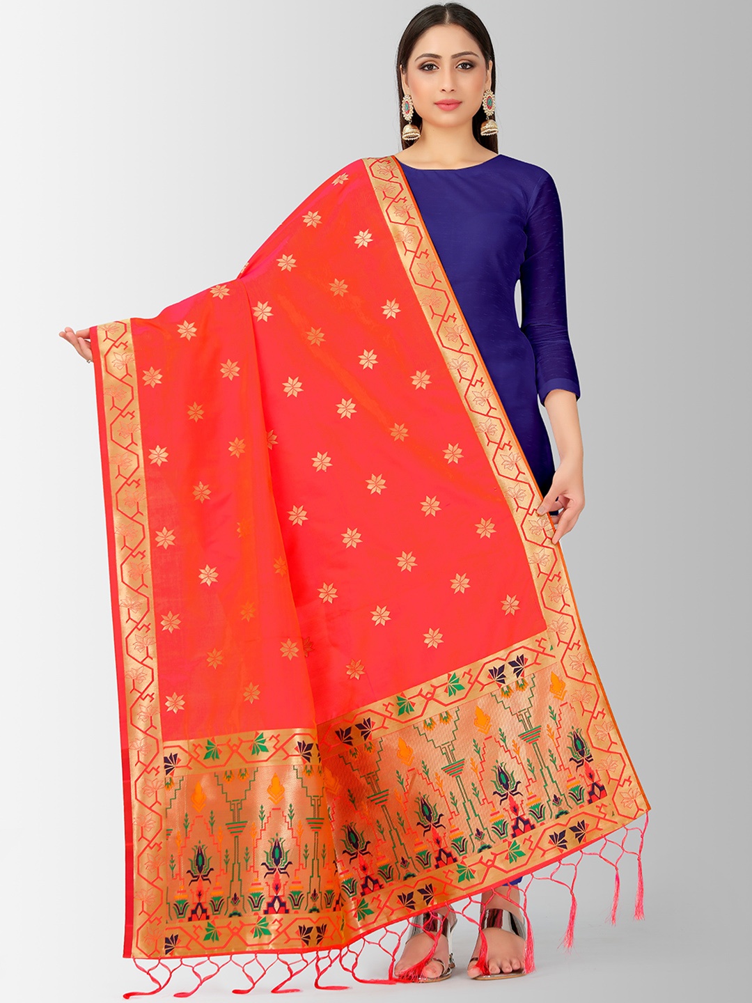 

MIMOSA Coral Red & Gold-Toned Woven Design Dupatta