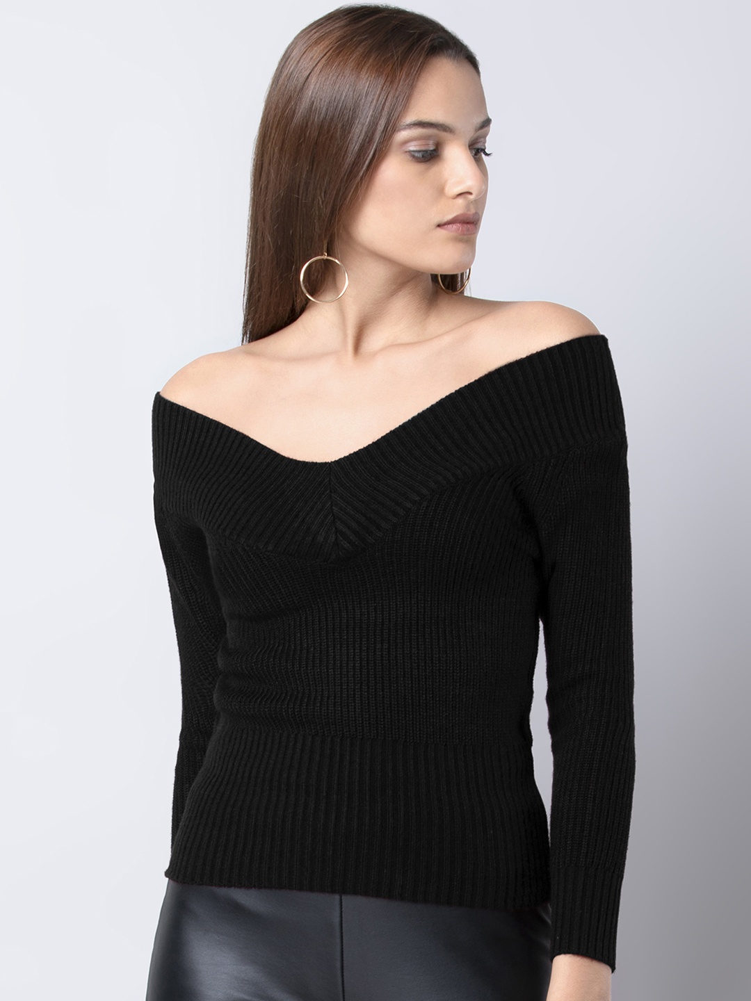 

FabAlley Women Black Ribbed Sweater