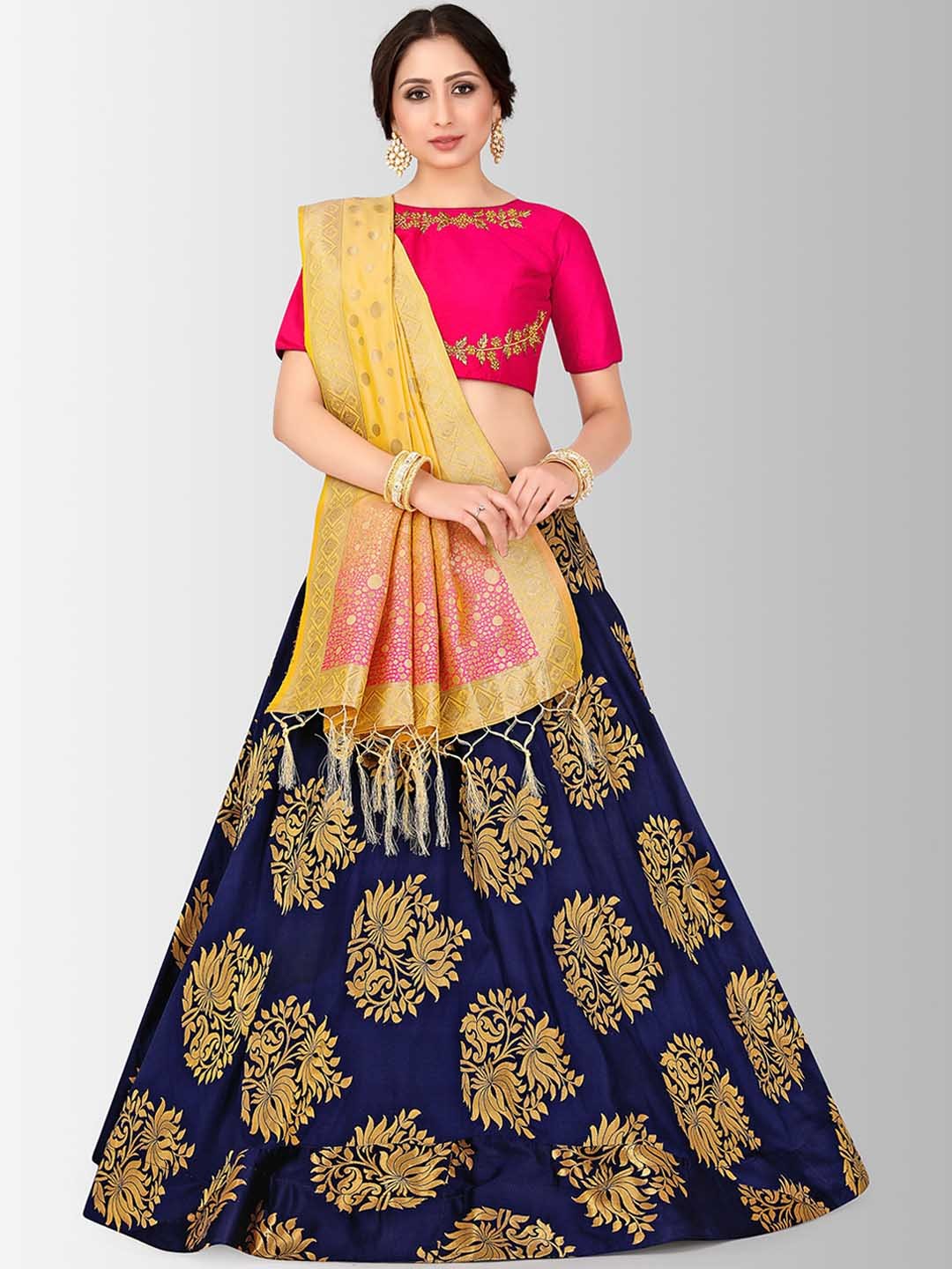 

MIMOSA Navy Blue & Pink Embroidered Semi-Stitched Bridal Lehenga & Blouse with Dupatta