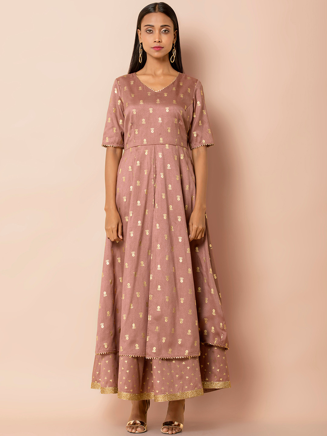 

INDYA Women Rose Pink Foil Embellished Dress with Attached Skirt, Taupe