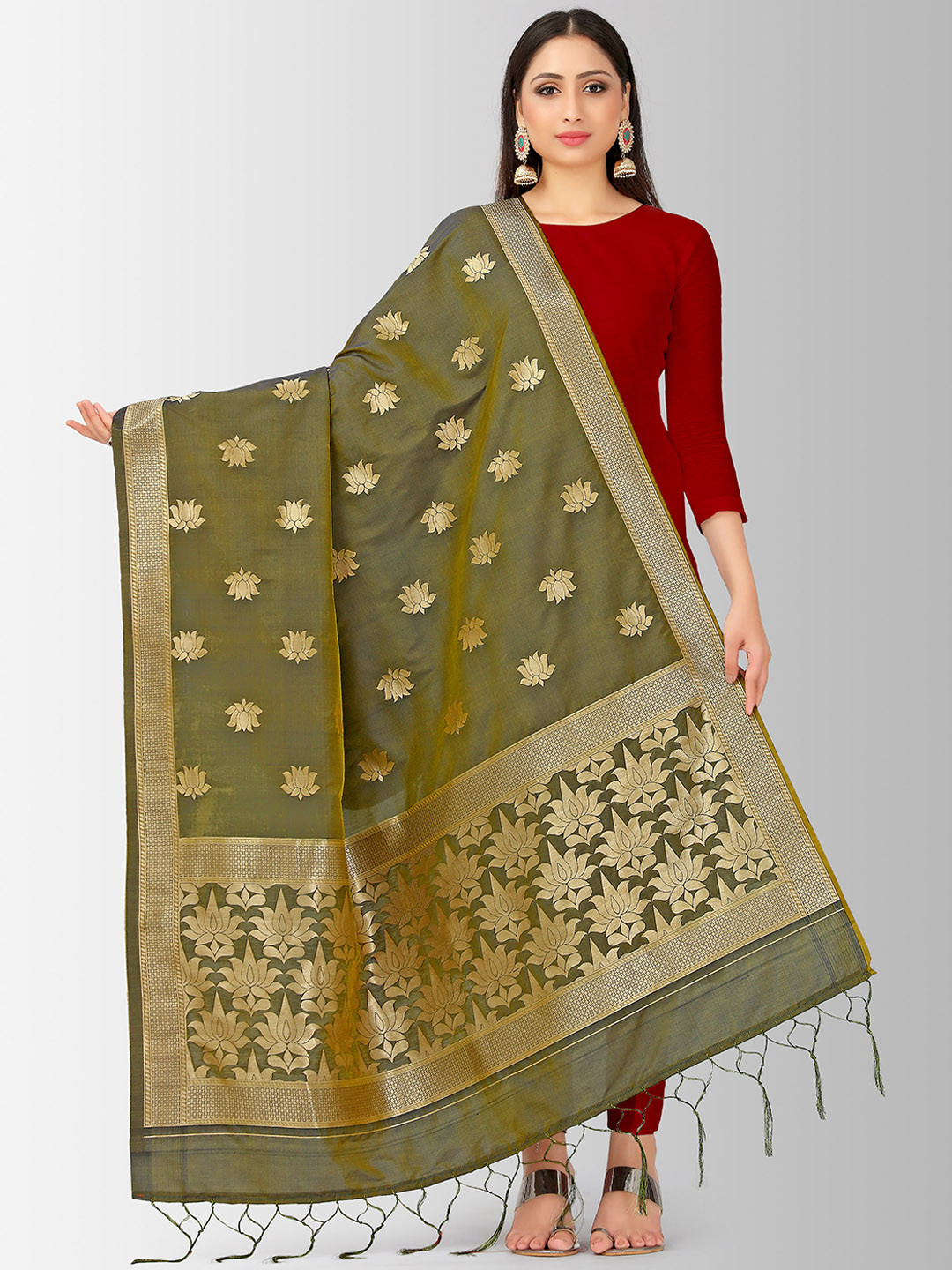 

MIMOSA Olive Green & Gold-Toned Woven Design Dupatta