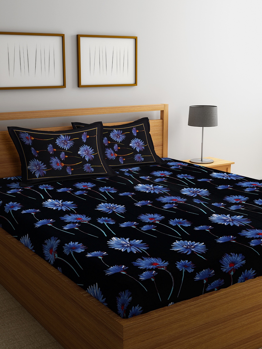

Rajasthan Decor Black & Blue Floral 144 TC Cotton 1 Queen Bedsheet with 2 Pillow Covers