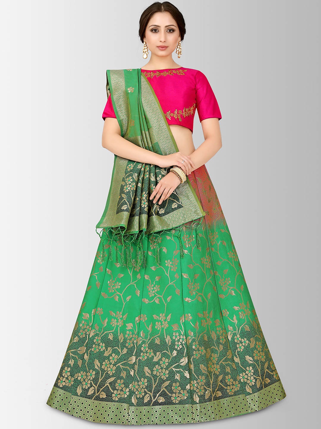 

MIMOSA Green & Pink Embroidered Semi-Stitched Bridal Lehenga & Blouse with Dupatta