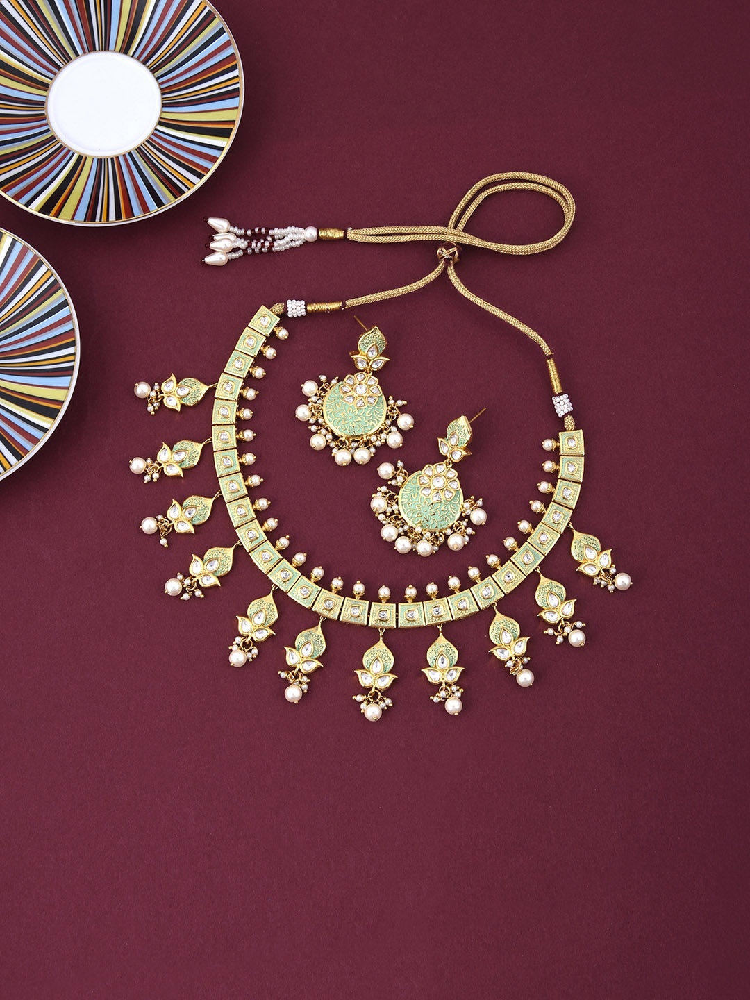 Tistabene Women Gold-Plated & Green Enamelled Stone-Studded Jewellery Set