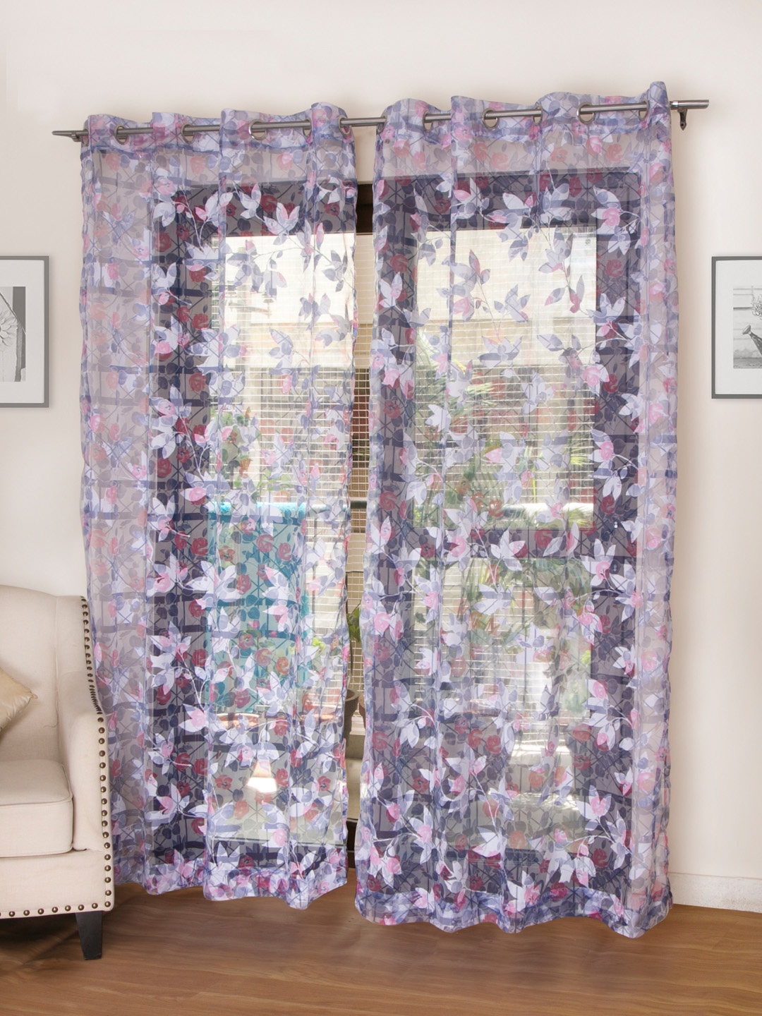 

ROSARA HOME Navy Blue & Pink Set of 2 Door Curtains