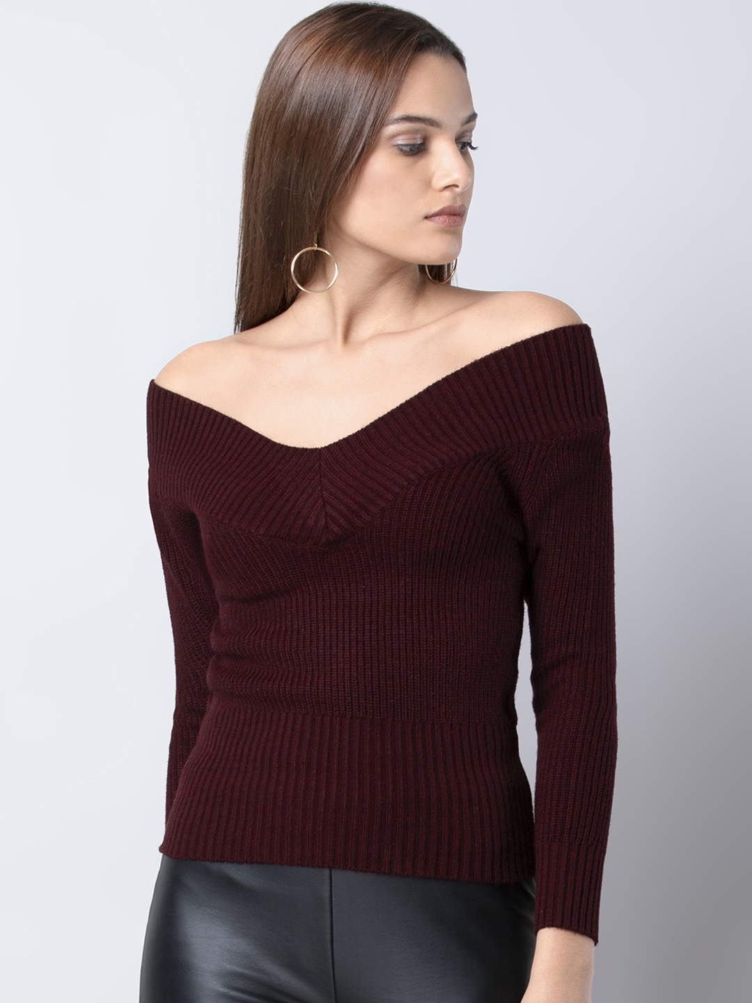 

FabAlley Women Maroon Ribbed Sweater