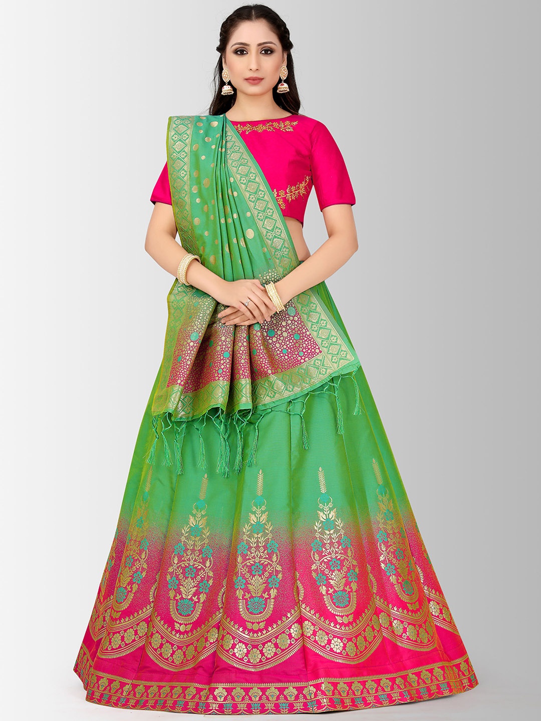 

MIMOSA Fuchsia & Green Embroidered Semi-Stitched Lehenga & Blouse with Dupatta