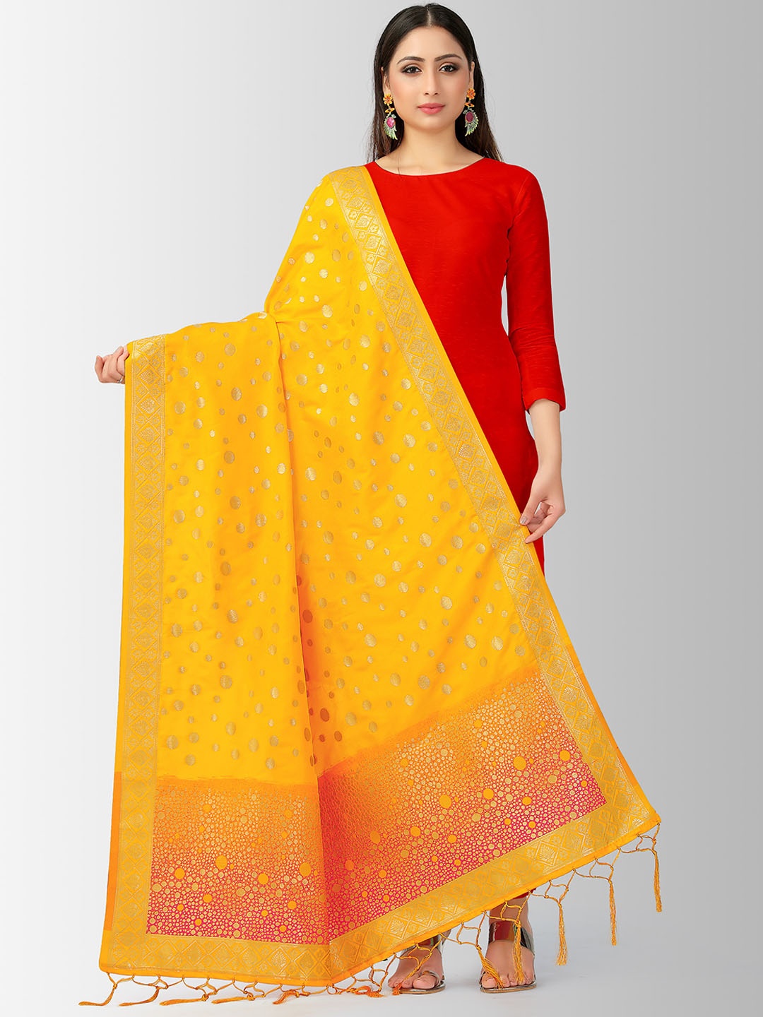MIMOSA Mustard Yellow & Gold-Toned Woven Design Dupatta