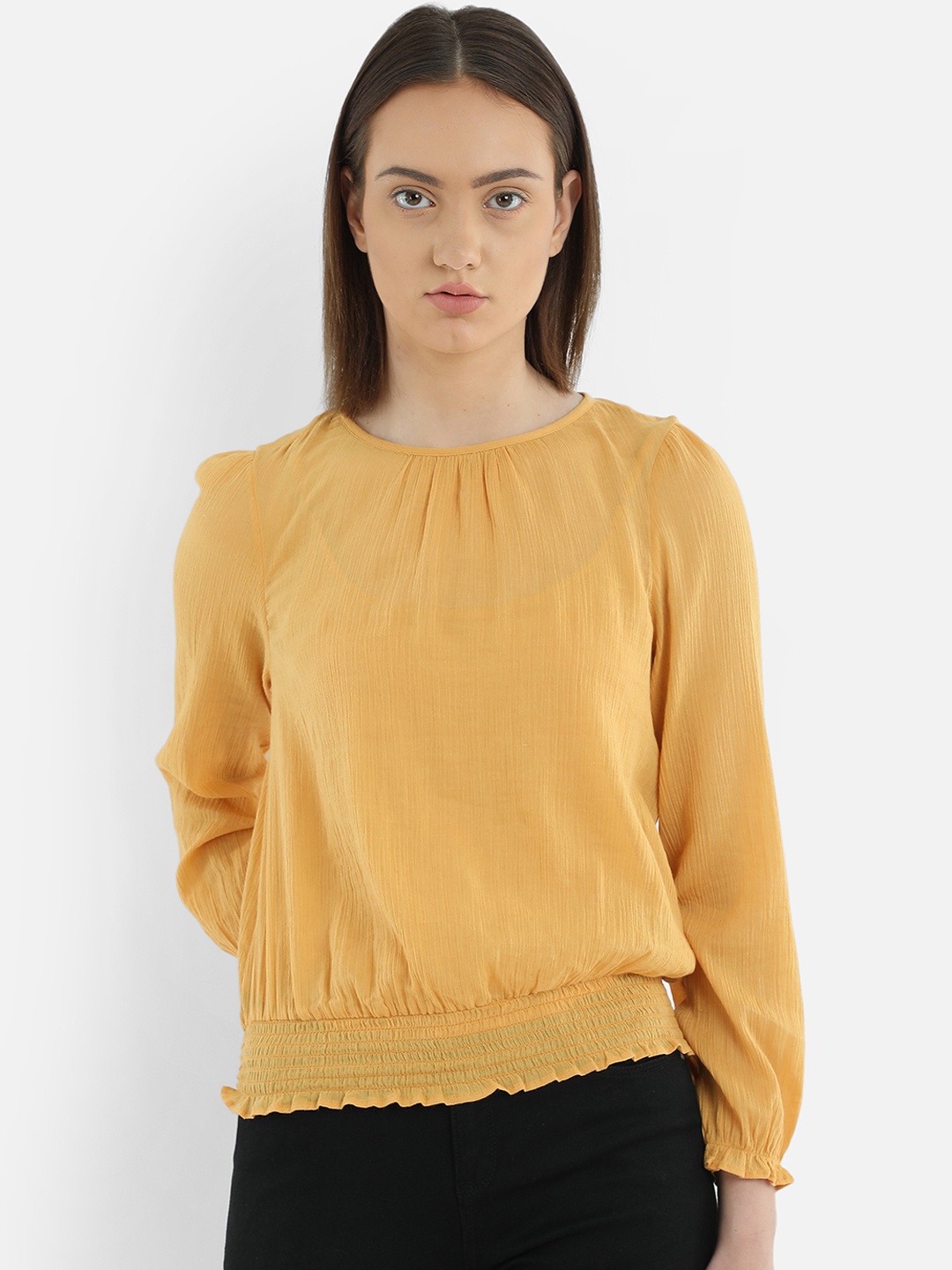 

COVER STORY Women Mustard Solid Smocked Blouson Top