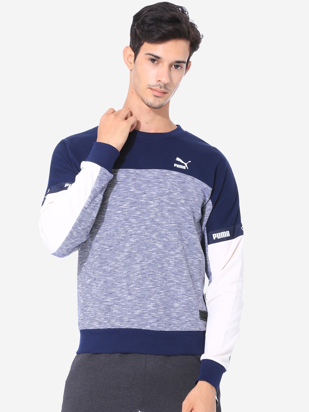 

Puma Men Blue Colourblocked VK Crew Peacoat Heather Sweatshirt