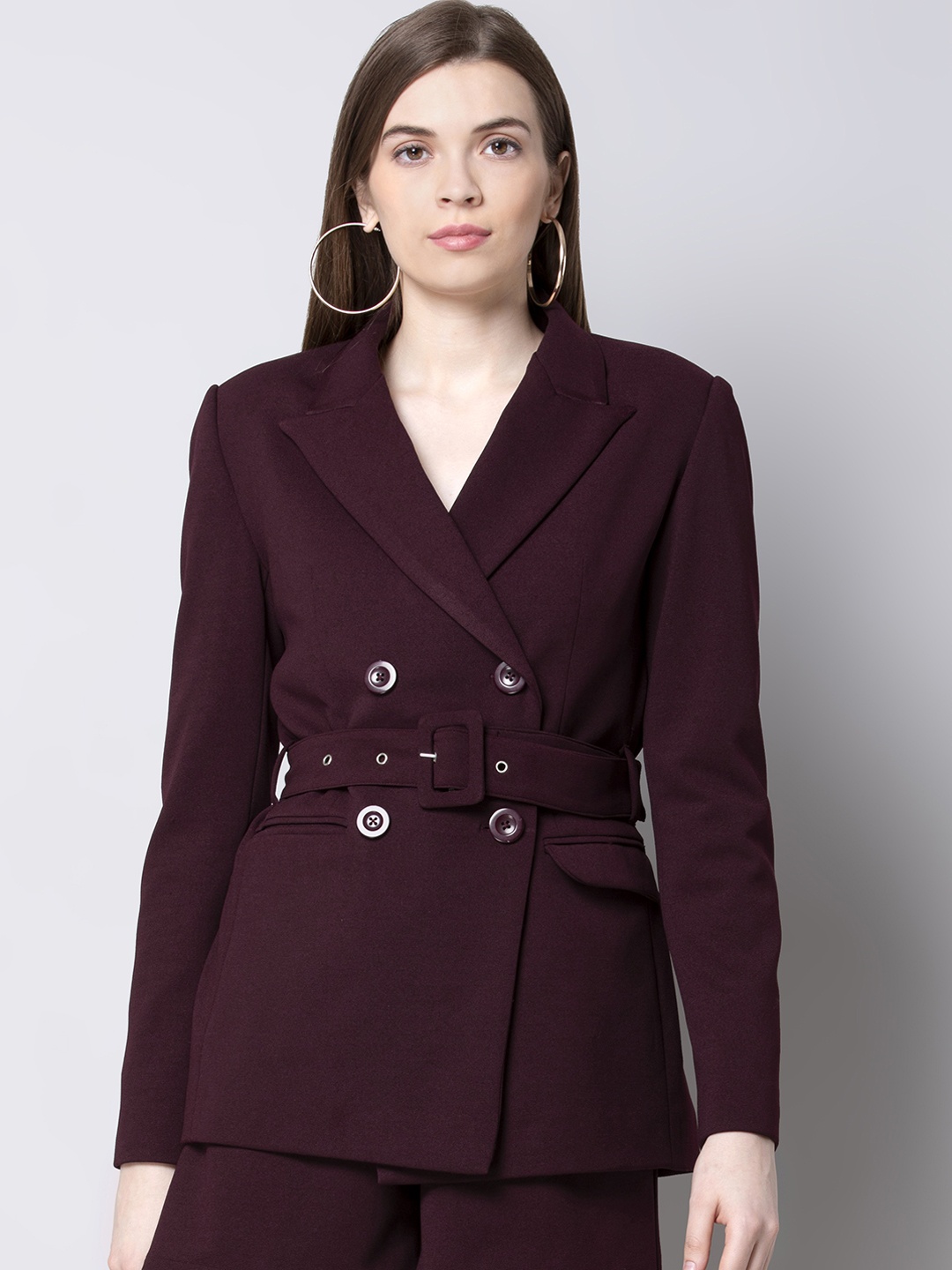 

FabAlley Women Burgundy Solid Tailored-Fit Double-Breasted Blazer