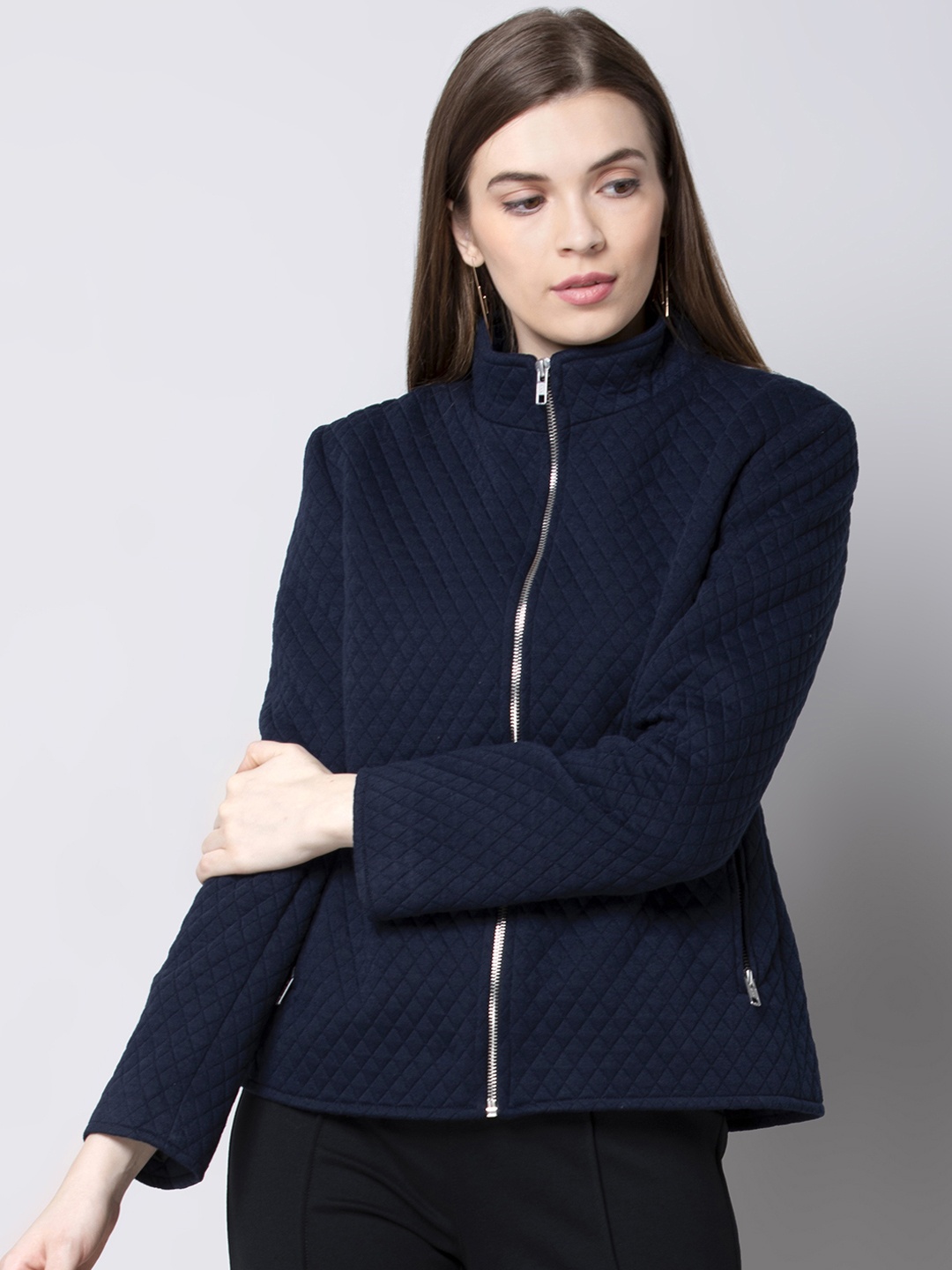 

FabAlley Women Navy Blue Solid Quilted Jacket
