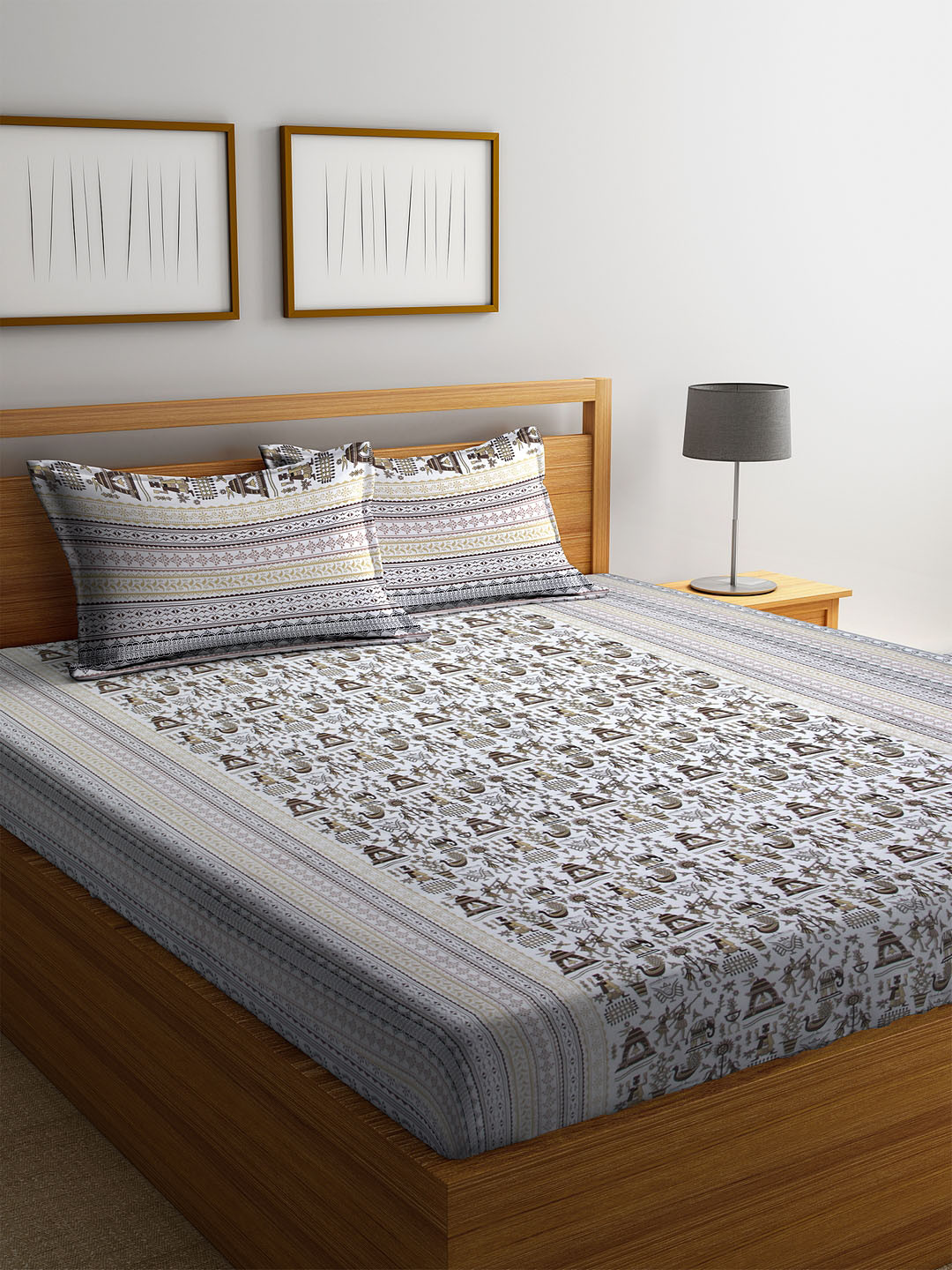 

Rajasthan Decor Grey & Brown Ethnic Motifs 144 TC Cotton 1 Queen Bedsheet with 2 Pillow Covers