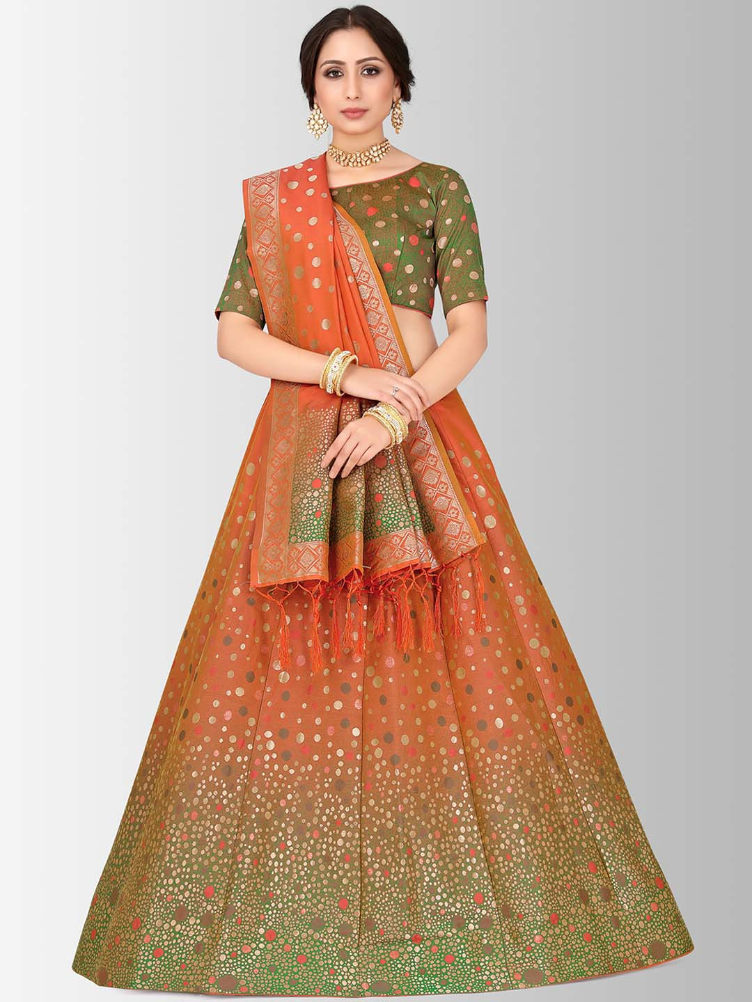 

MIMOSA Green & Orange Embellished Semi-Stitched Bridal Lehenga & Blouse with Dupatta